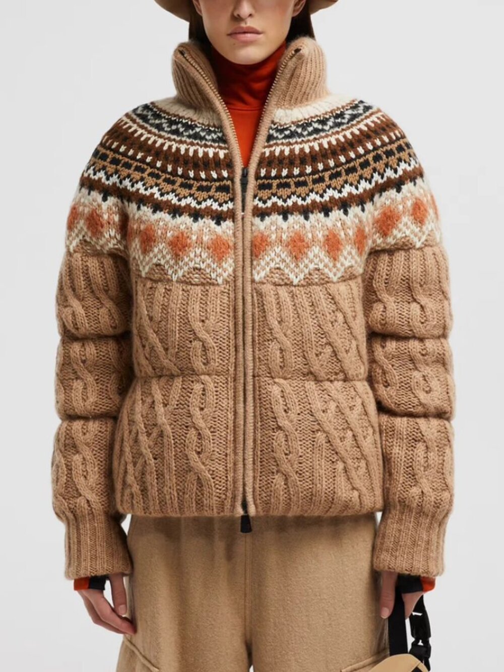 MONCLER GRENOBLE Beige Wool WAGRAIN TRICOT Fair Isle Knit Puffer Down Jacket XS